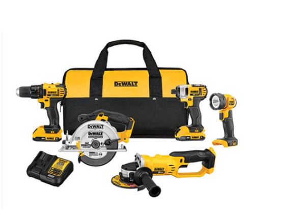 DEWALT - 20V MAX Compact 5-Tool Combo Kit - Drill/Driver, Impact, Grinder, Light, Saw